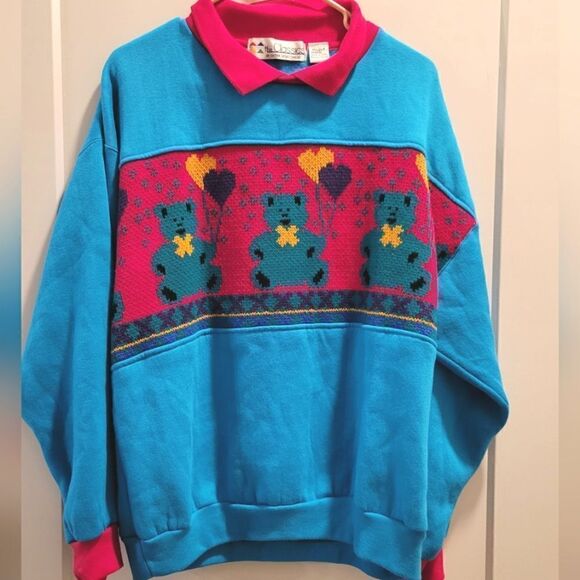 Vintage The Classics Bear  Heart Ballon Fair Isle Collared Sweatshirt Sweater - Picture 1 of 5